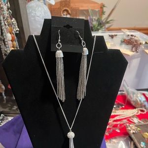 Silver tone tassel necklace and earring set